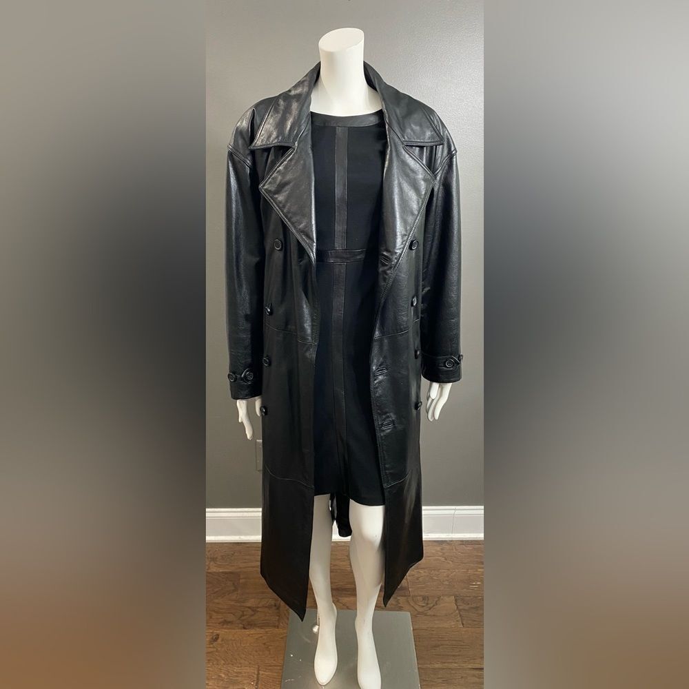 Wilson’s Blk Leather Double Breasted Belted Button Up Full Length Trench Coat M - Picture 2 of 14